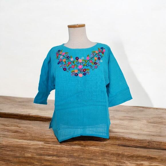 New Guatemalan Embroidered Woven Folk Art Blouse Turquoise Small Craftcore - Picture 6 of 9